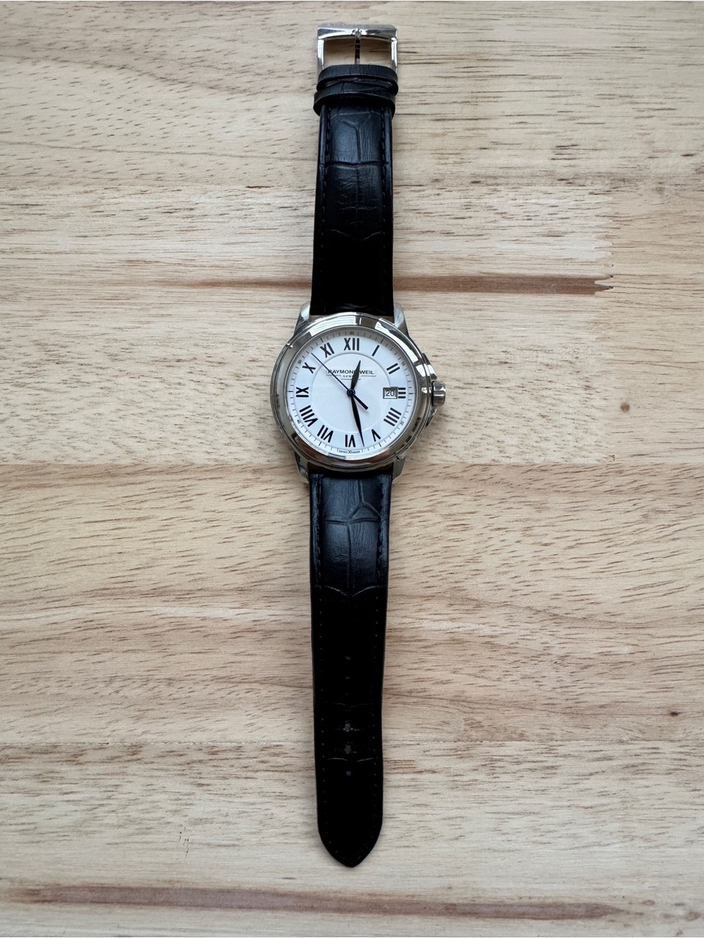 Raymond Weil Men's White Dial Watch with Black Leather Strap